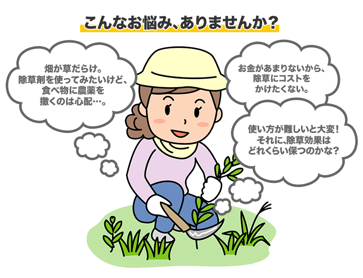 畑が草だらけ。除草剤を使ってみたいけど、食べ物に農薬を撒くのは心配…。／お金があまりないから、除草にコストをかけたくない。／使い方が難しいと大変！それに、除草効果はどれくらい保つのかな？